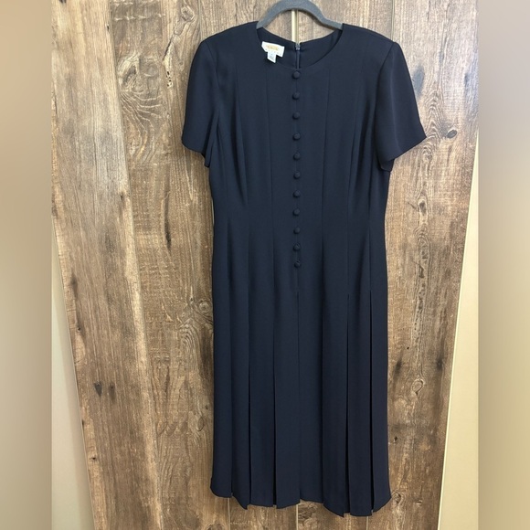 Talbots Vintage Pleated Maxi Dress Faux Buttons Navy Women's Size 12 - Picture 3 of 13